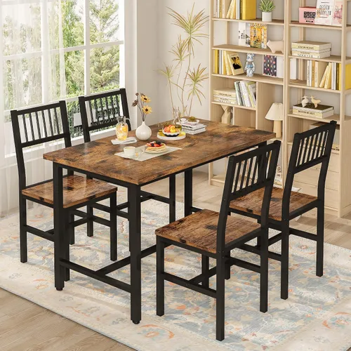 Vista 8 de AWQM - Juego de mesa de comedor de 47.2 pulgadas para 4, mesa industrial con 4 sillas curvas, juego de mesa de cocina rectangular de 5 piezas
