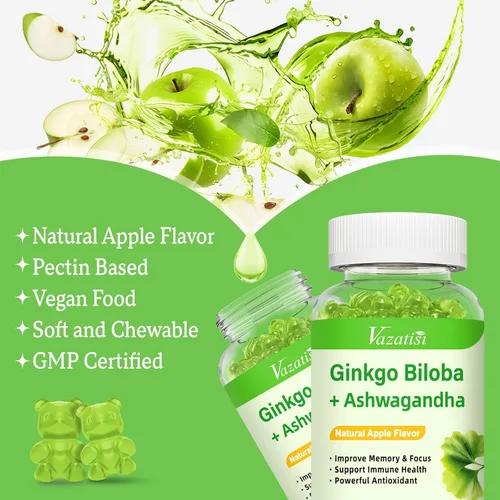 Vista 7 de Ginkgo Biloba - Gomitas de 240 mg con Panax Ginseng para un mejor estado de ánimo y concentración, mejora la salud cerebral, 60 gomitas veganas
