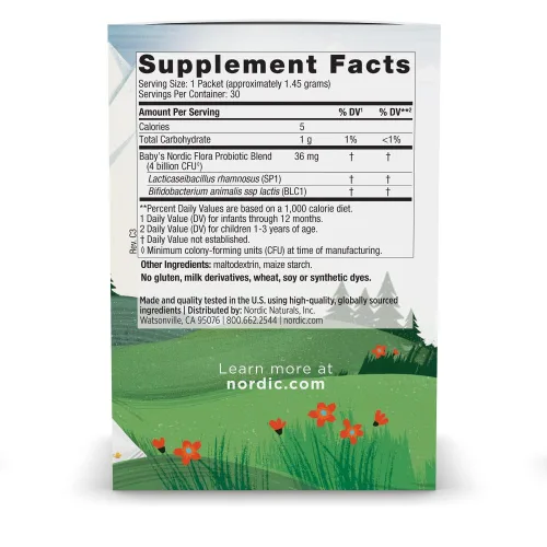 Vista 2 de Nordic Naturals Baby's Nordic Flora Probiotic Powder, sin sabor, 30 paquetes, 4 mil millones de UFC, salud digestiva y apoyo inmunológico para bebés