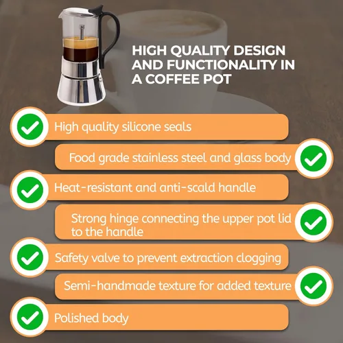 Vista 7 de Olla de vidrio transparente para 4 tazas, 7.4 fl oz, cafetera de acero inoxidable, sin recubrimiento, cafetera de café expreso, estilo italiano
