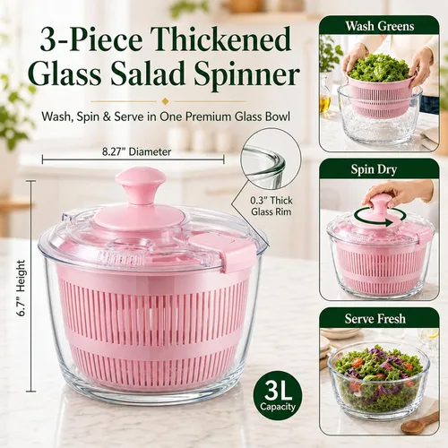Vista 2 de Ensalada de vidrio Spinner 3.2 cuartos de galón, pequeño hilandero Rosa