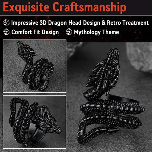 Vista 5 de FaithHeart Anillos de dragón punk para hombres y mujeres, acero inoxidable, chapado en oro de 18 quilates, joyería de mitología nórdica con delicado
