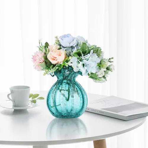 Vista 4 de Florero de vidrio soplado, florero de vidrio de arte verde, florero de arte moderno para sala de estar, cocina, boda, mesa de comedor, decoración