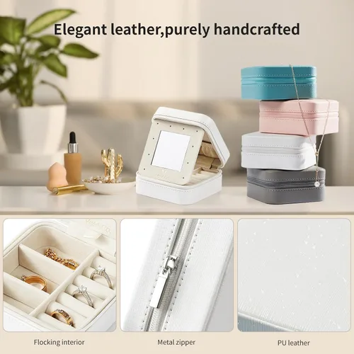 Vista 4 de Vee - Caja pequeña de joyería de viaje, mini organizador de joyas con espejo, caja de joyería portátil para aretes, anillos, collares, pulseras