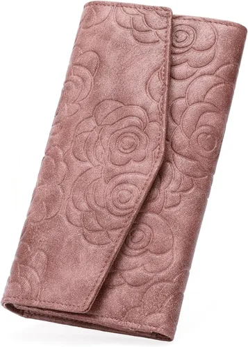 Vista 8 de GOIACII Cartera de mujer con bloqueo RFID para tarjetas de crédito, monedero con cremallera y bolsillo para monedas, flor en relieve, color rosa