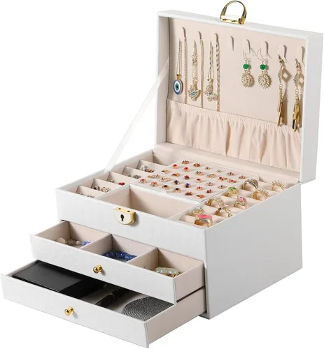 Vista 9 de Joyero de 3 capas, organizador de joyas con cajón organizador de joyas, grandes cajas de joyería y organizador con organizador de aretes