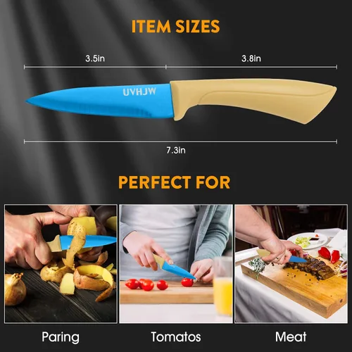 Vista 3 de Cuchillo de pelar azul profesional de alta nitidez, cuchillos de cocina con fundas, aporta color a la vida - Cuchillo de 8,9 cm de acero inoxidable