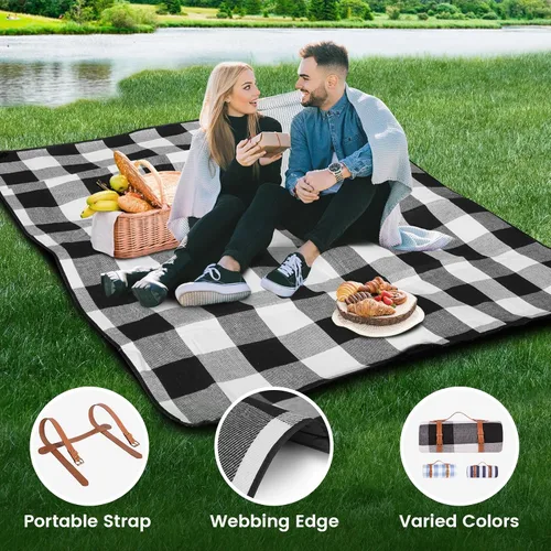 Vista 4 de sapsisel Manta de picnic extragrande de 80 x 60 pulgadas, manta de picnic impermeable para la playa (cuadros negros y blancos)