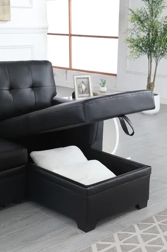 Vista 8 de Daesar Sofá seccional reversible moderno de cuero vegano negro con diván de almacenamiento