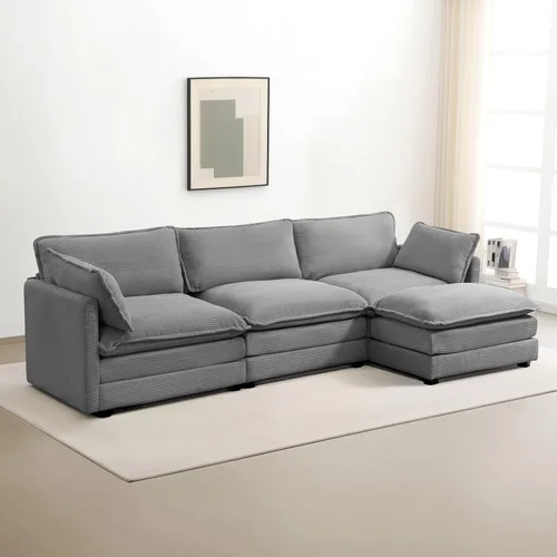 Vista 30 de ROWHY Sillón individual con otomano, sofá moderno de corduroy en forma de nube con chaise convertible, sofá tapizado para sala de estar, beige