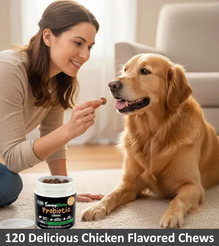 Vista 4 de TummyWorks Probióticos para perros. 120 probióticos masticables suaves para salud digestiva, intestino, inmunidad, energía, alergias, piel y pelaje.