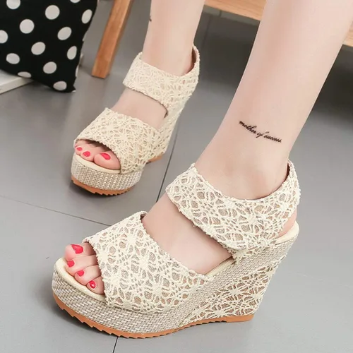 Vista 5 de HOSTINGG Sandalias de cuña para mujer, alpargatas de cuña informales, puntera abierta, con lazo, con cordones