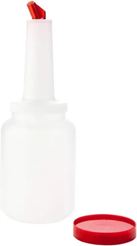 Vista 2 de Restaurantware Botella de plástico de almacenamiento de 2 cuartos de galón, con boquilla roja y tapa, botella de almacenamiento de barra, 4 3/4 Rojo