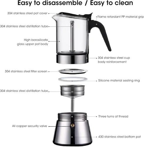Vista 2 de Jiawu Cafetera clásica para estufa, cafetera Greca italiana y cubana de acero inoxidable, cafetera espresso superior de cristal premium, fácil