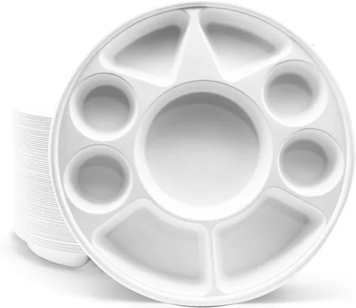 Vista 22 de three leaf platos redondos de bagazo de 10 pulgadas con 3 compartimentos, 25 unidades. Platos de bagazo desechables, 100 % biodegradables
