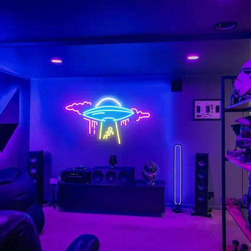 Vista 10 de Letrero de neón de astronauta, astronauta sentado en el planeta tocando guitarra, luz LED de neón, decoración de sala de juegos, decoración de museo
