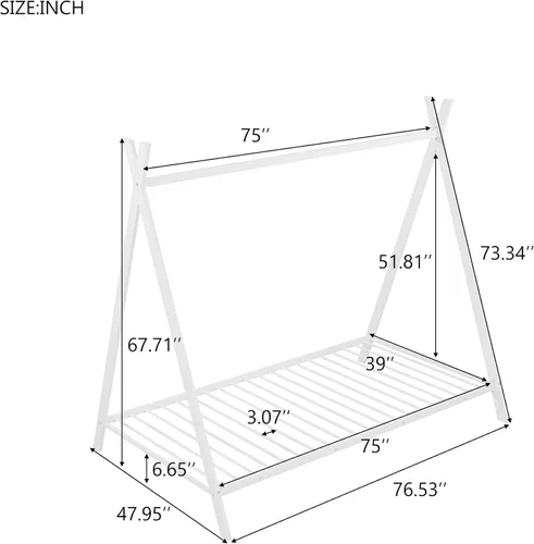 Vista 2 de SOFTSEA Cama triangular con listones, plataforma de cama de metal individual para niños (blanco)