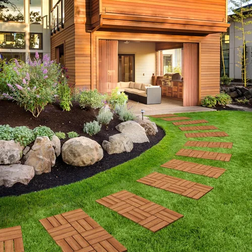 Vista 7 de Yaheetech 27 piezas de baldosas de madera dura entrelazadas para terraza de patio Acacia, baldosas de piso de madera impermeables para patio
