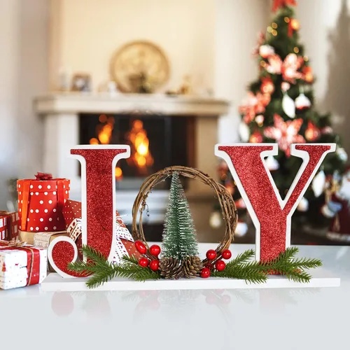 Vista 2 de Linfevisi Letrero de madera de Navidad con texto en inglés «Joy Christmas», letrero de madera con texto en inglés «Joy Block» para decoración