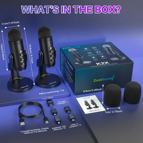 Vista 7 de ZealSound Micrófono de podcast, paquete de equipo de podcast para iPhone, PC, iPad Android, micrófono USB inalámbrico dual de 2.4 GHz con reducción