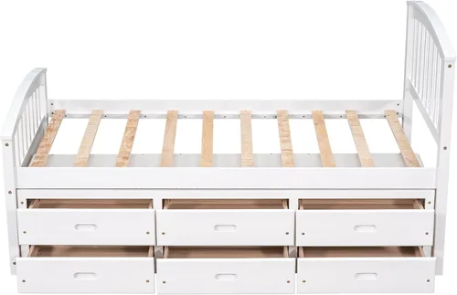 Vista 4 de Merax Cama de almacenamiento de plataforma de madera maciza de tamaño individual con 6 cajones, no necesita somier, color blanco