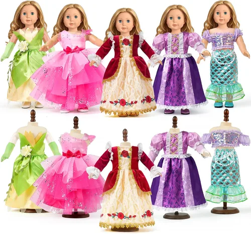 Vista 8 de WONDOLL - Ropa y accesorios para muñecas americanas de 18 pulgadas, juego de 6 vestidos de princesa 6 Sets American Doll Clothes Outfits Dresses