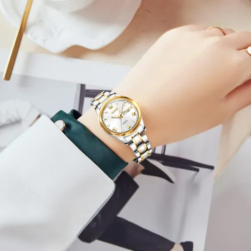 Vista 7 de OLEVS Reloj dorado para mujer con fecha de día de acero inoxidable, impermeable, de cara pequeña, de cuarzo, analógico, de moda, dorado, negro