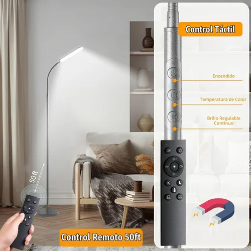 Vista 6 de marctronic Lámpara de pie LED gris, 18W 1800LM Lámparas de pie brillantes con control remoto y funciona con enchufe inteligente, luz de lectura Gris