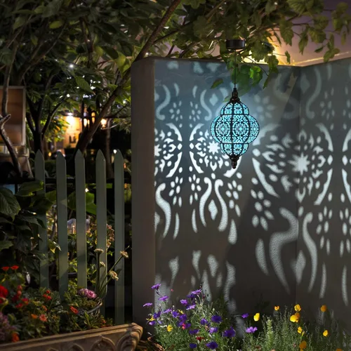 Vista 4 de Hapjoy Luces solares colgantes para decoración de jardín al aire libre, farol solar impermeable de plástico marroquí, decoraciones al aire libre