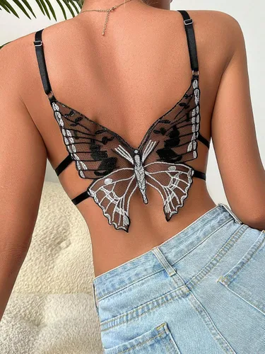 Vista 4 de Floerns Bralette de malla de encaje inalámbrico sin relleno con apliques de mariposa para mujer