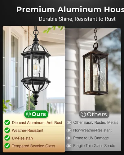 Vista 4 de VIANIS Luces colgantes grandes de 20 pulgadas para exteriores del atardecer al amanecer, luz colgante exterior negra, luces de techo exteriores