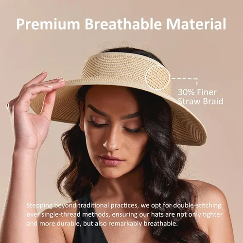 Vista 6 de Joywant Womens Sun Visor Hats, Packable Wide Brim Ponytail Beach Hat Straw Visor Summer Beach Vacation Essentials for Womens
