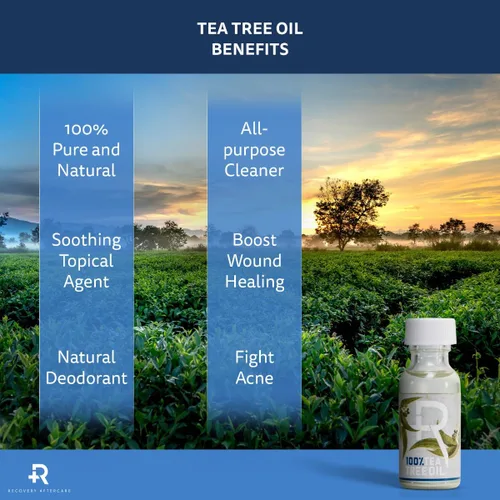 Vista 6 de Recovery Aftercare Aceite de árbol de té para la piel, orgánico, natural, calmante tópico para el cuerpo, producto de cuidado posterior, botella