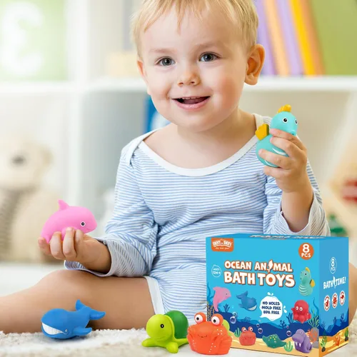 Vista 7 de LotFancy Juguete de baño, 8PCS juguetes de baño sin moho para niños de 1 a 3 años, juguetes de baño para bebés sin agujeros para niños pequeños de 2