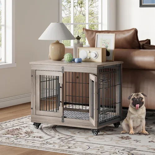 Vista 3 de YaFiti Mueble de jaula para perros con cojín, perrera de madera para interiores con puertas dobles, jaula para perros con ruedas, mesa auxiliar