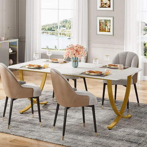 Vista 6 de LITTLE TREE Mesa de comedor, mesa de cocina con tablero de mármol sintético y patas de metal dorado Blanco & Oro