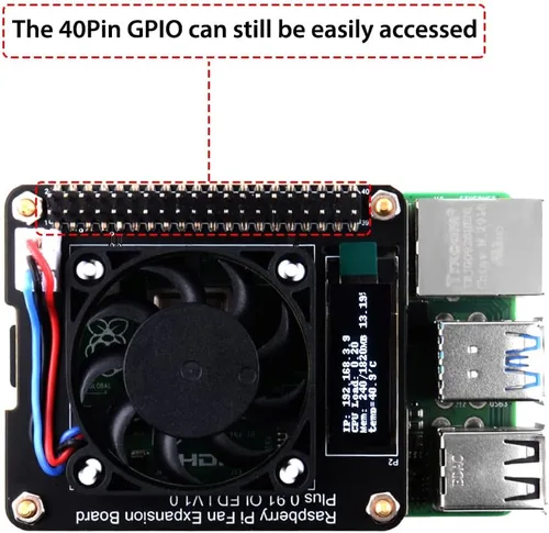 Vista 5 de GeeekPi Sombrero de ventilador para Raspberry Pi 4 Modelo B, PWM Fan GPIO Placa de expansión con pantalla OLED de 0.91 pulgadas para Raspberry Pi