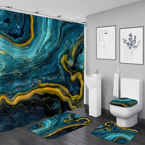 Vista 12 de Nkzply Juego de 4 Piezas de Cortinas de Ducha de Mármol Negro con Alfombras, Juegos de Baño Dorados con Cortina de Ducha y Alfombras, Accesorios