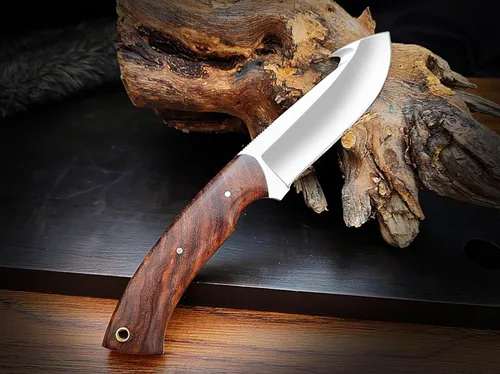 Vista 4 de Cuchillo de gancho de acero D2 hecho a mano - Hoja fija de espiga completa con mango de madera y funda de cuero - Cuchillo afilado para desollar