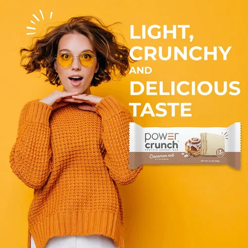 Vista 5 de Barritas de gofre de proteína Power Crunch, snacks altos en proteínas con delicioso sabor, rollo de canela, 1.4 onzas (12 unidades)