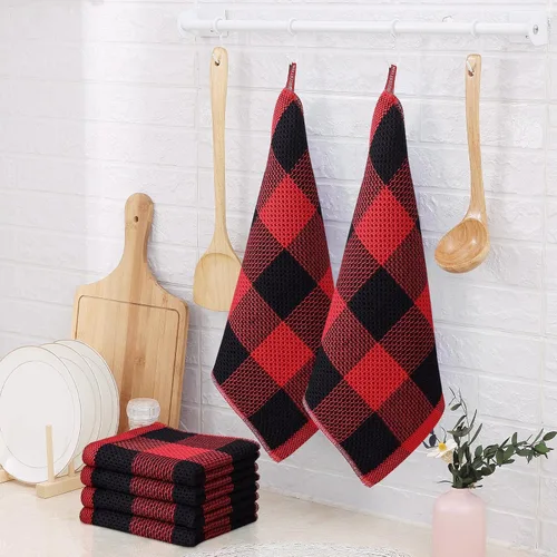 Vista 4 de Homaxy Paquete de 6 paños de cocina 100% algodón, 12 x 12 pulgadas, negro y rojo Negro & rojo
