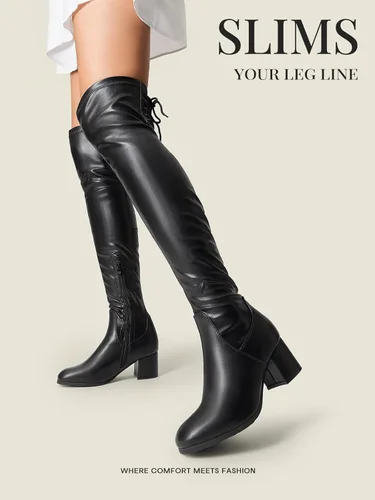Vista 5 de DREAM PAIRS Laurence - Botas de tacón alto y grueso para mujer, por encima de la rodilla, largas, elásticas y sexis, para otoño