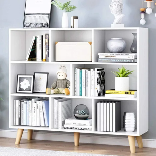 Vista 15 de IOTXY - Estantería de madera con espacios abiertos, 3 niveles, con patas, 5 cubos, color azul brillante Nordic Minimalist Style, MDF