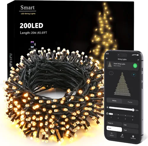 Vista 9 de BrizLabs Luces de Navidad inteligentes, 200 luces LED de Navidad de 66 pies, control de aplicación/voz, múltiples modos regulables, luz blanca