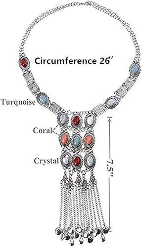 Vista 4 de BOLERPE Collar tribal étnico bohemio largo turquesa para mujer Vintage Retro Rhinestone (Plata), Plástico Metal Estrás, No es una piedra preciosa
