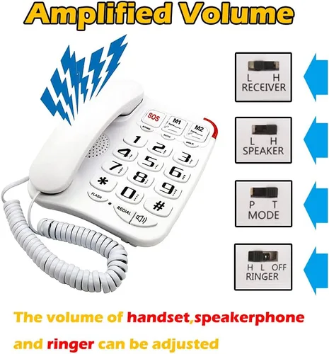 Vista 3 de Teléfono con cable de botón grande para personas mayores, teléfono amplificado grande para ancianos con altavoz, marcación rápida programable