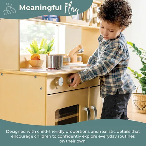 Vista 6 de Guidecraft EdQ - Juego de cocina todo en uno para niños, color natural: cocina dramática de madera para niños pequeños con estufa, microondas