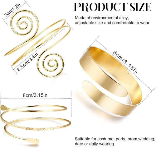 Vista 4 de Jstyle 6 piezas de brazalete de brazo dorado para mujer, minimalista, simple serpiente, brazalete ajustable, disfraz griego, accesorios de boda