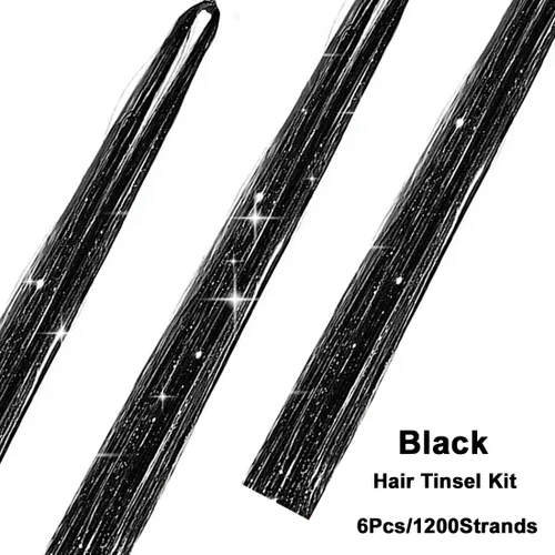 Vista 2 de Kit de Oropel para Cabello con Herramientas Extensiones de Cabello de Oropel Negro 6 Piezas 1200 Hebras Kit de Oropel para Cabello de Hadas