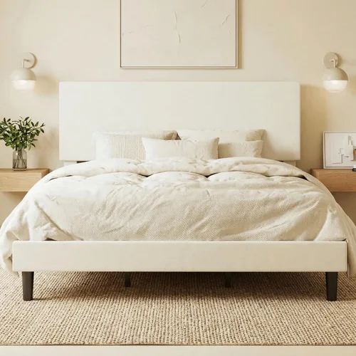 Vista 14 de SHA CERLIN - Base de cama con plataforma de tamaño completo con cabecera ajustable y soporte de listones de madera, base de colchón tapizada